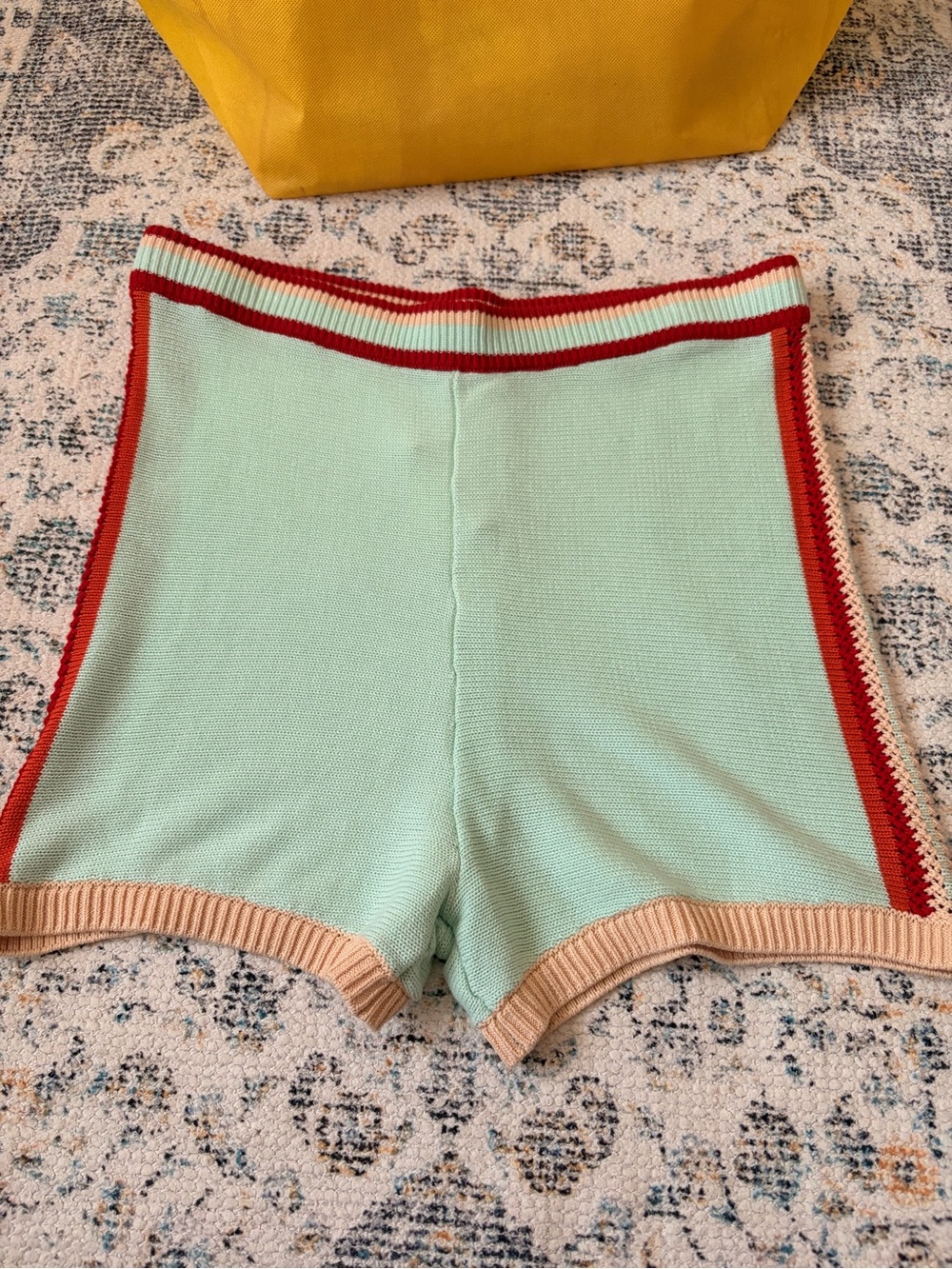 Knit High-Waist Mini Shorts in Mint with Red Trim - Picture 5 of 8